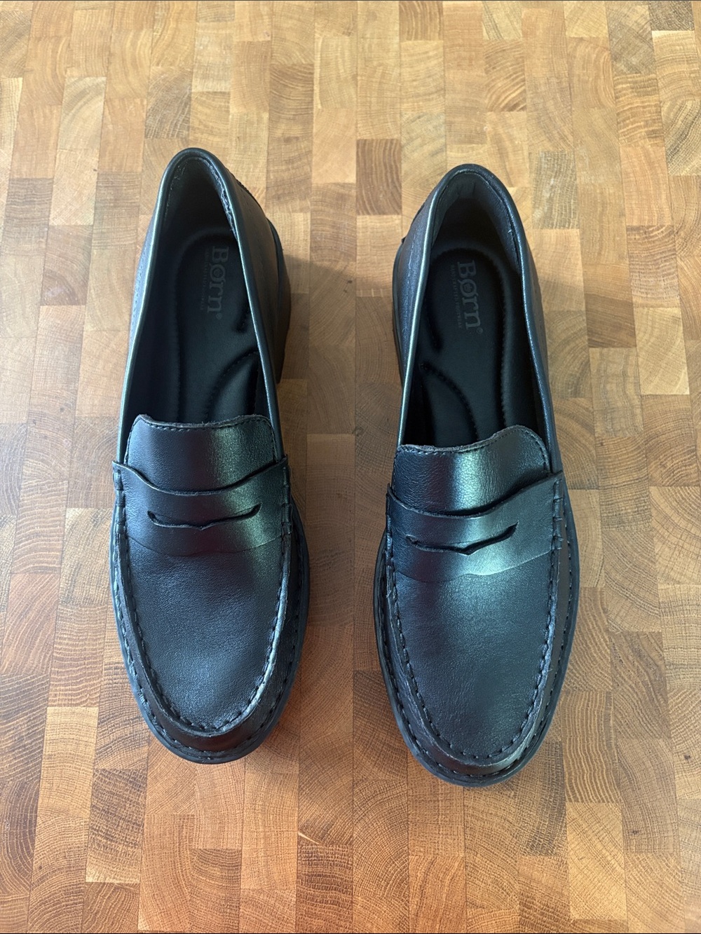 Born Black Leather Penny Loafers with Moc Toe Stitching